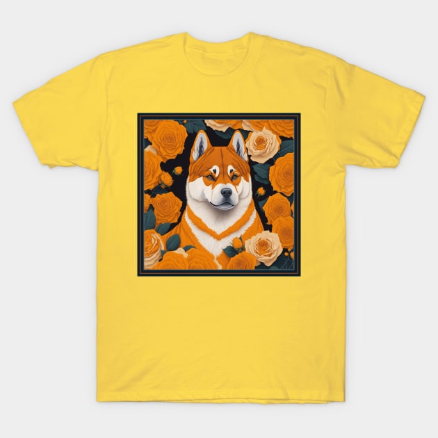 Dogs, akita inu and flowers, dog, seamless print, style vector (yelloow version 2 akita-inu, hachi) T-Shirt by xlhombat